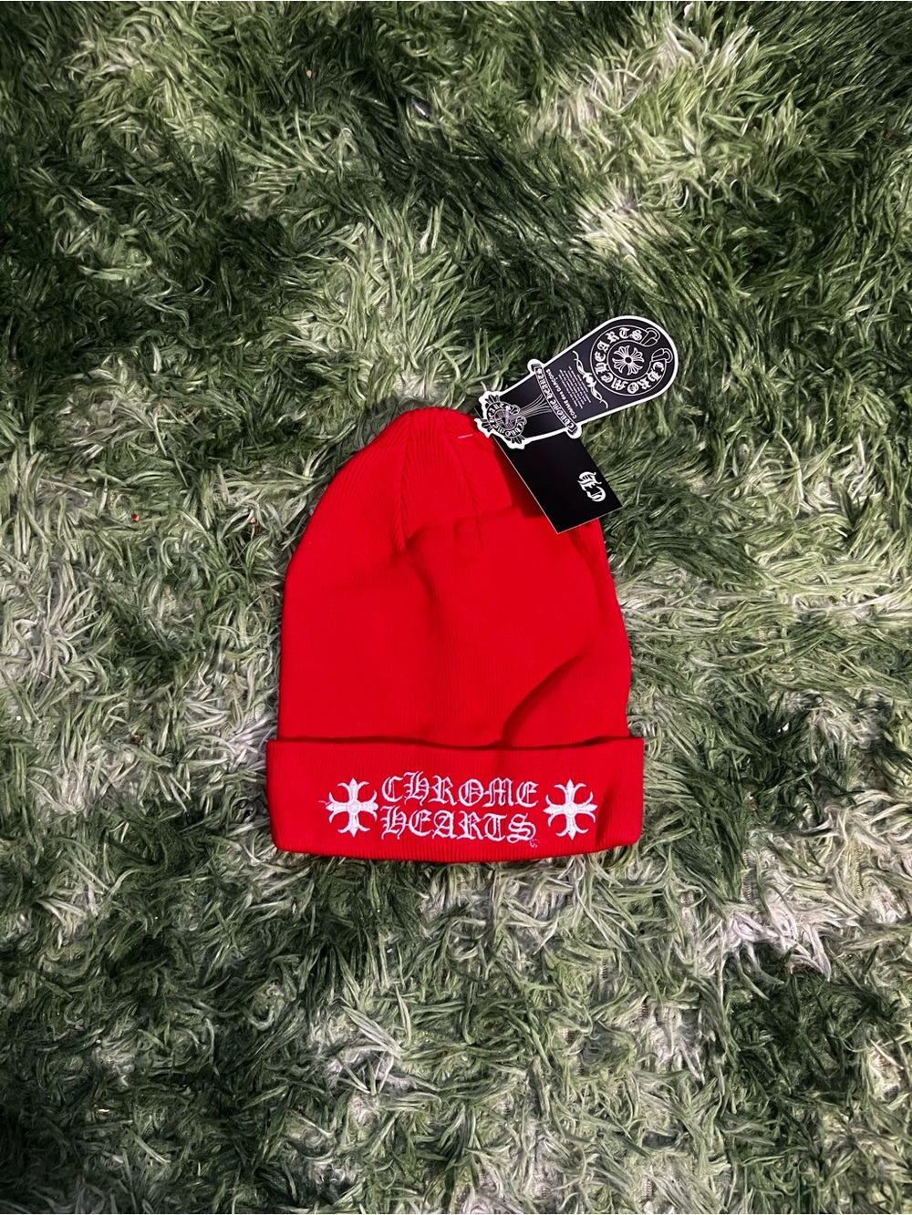 Chrome Hearts red and white Cuffed Beanie with White Logo Embroidery